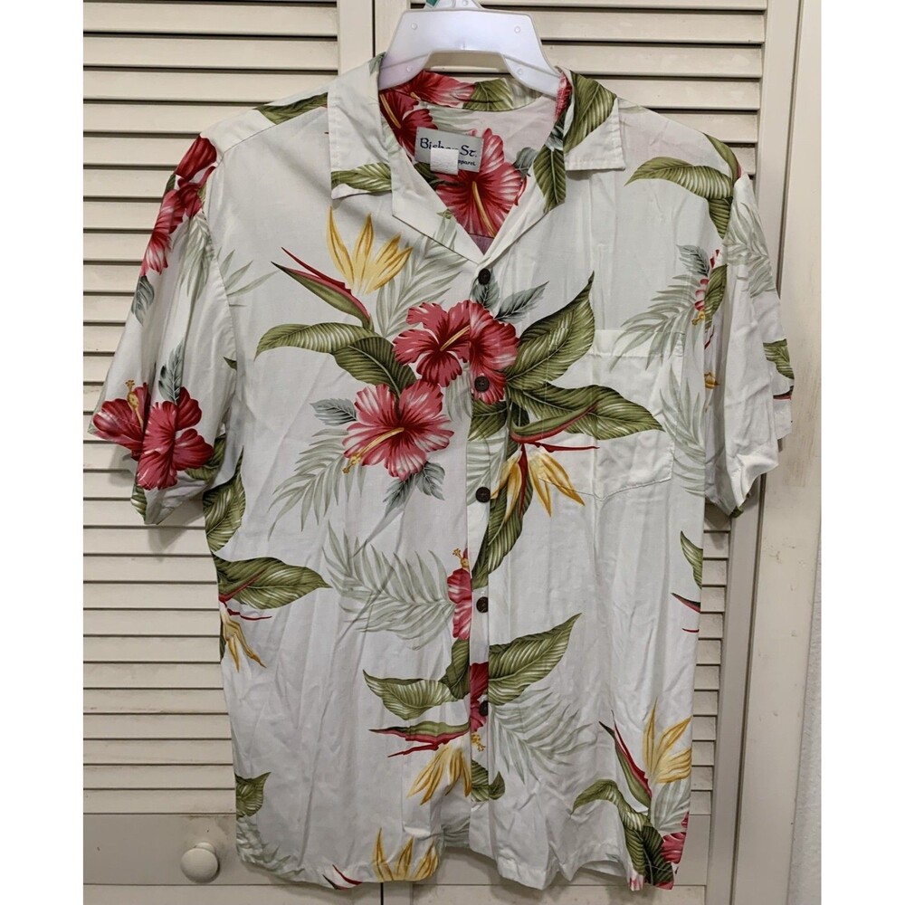Bishop Street Hawaiian Shirt Mens M Pink Hibiscus Floral Pocket Short Sleeve